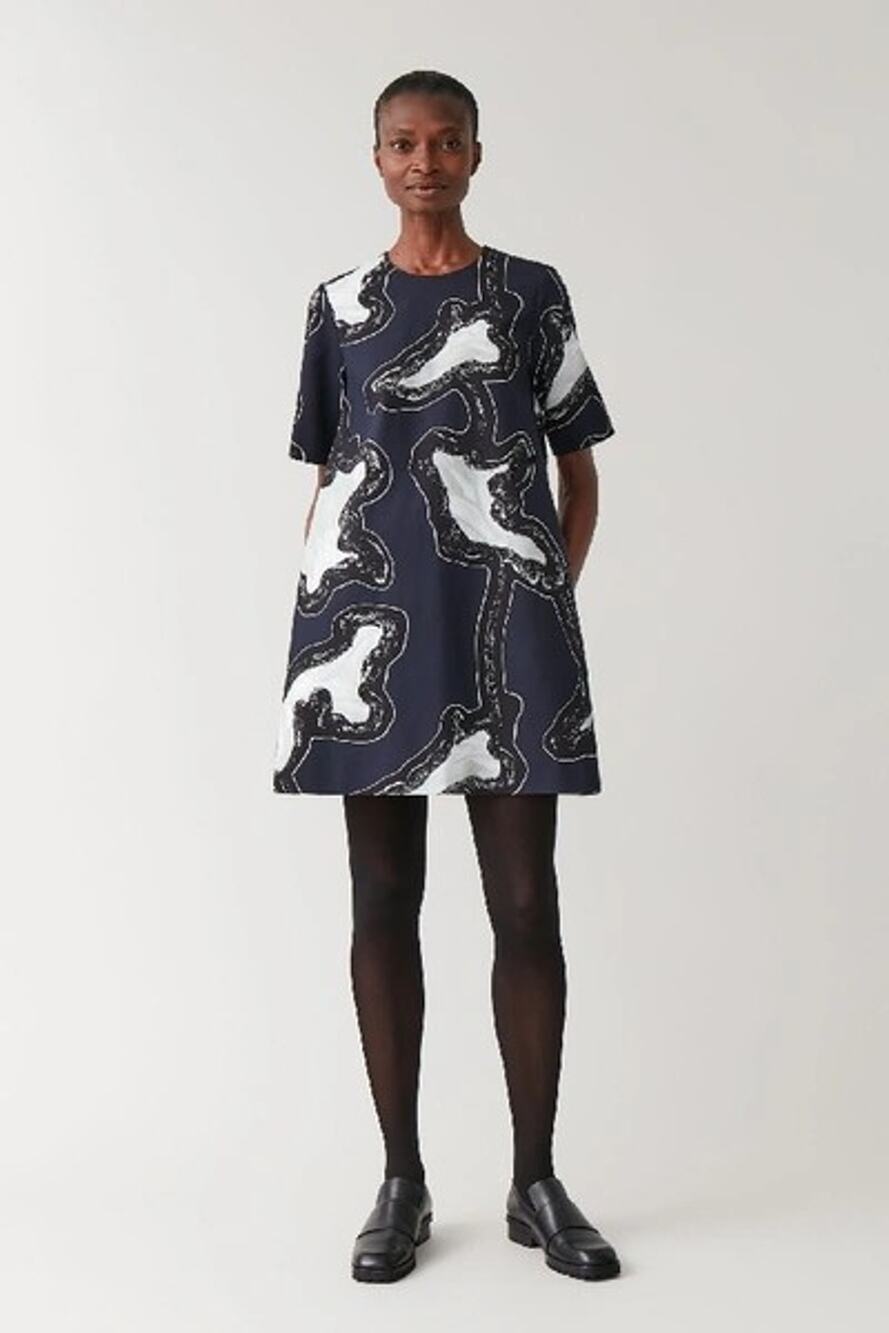 COS Marble Printed Blue Cotton Mini Shirt Dress US 6